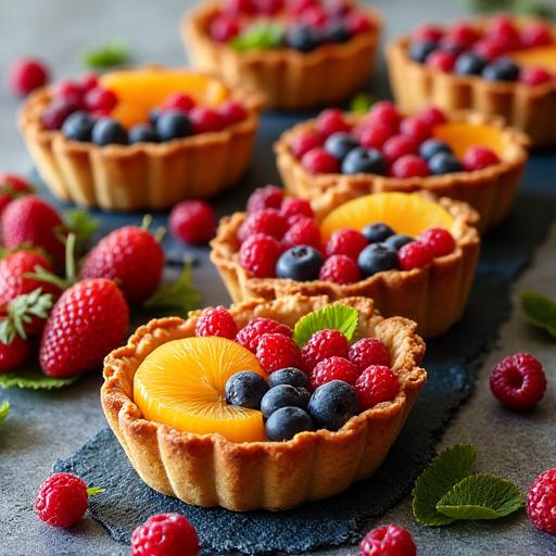A set of fruit tarts with toppings arranged in a Fibonacci spiral.