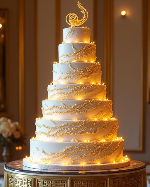 A multi-tiered cake intricately decorated with a golden spiral design.