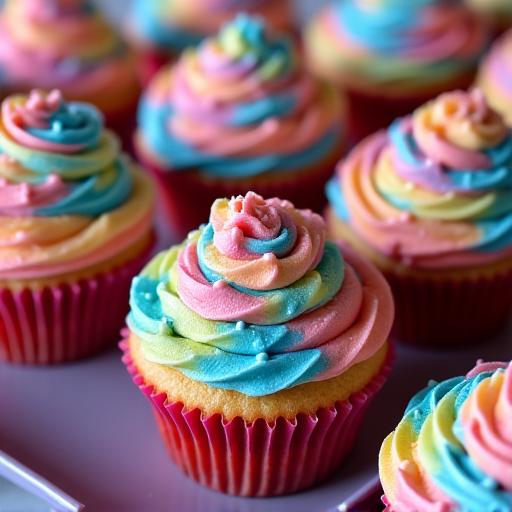 A collection of cupcakes with vibrant, symmetrical kaleidoscope frosting patterns.