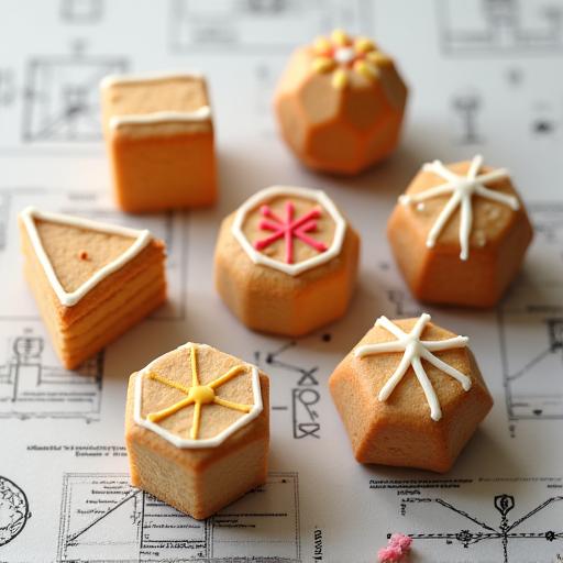 Cookies shaped and decorated as Platonic solids (e.g., cube, octahedron).