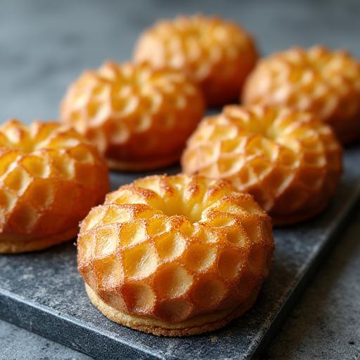 Individual pastries with cracked sugar tops resembling a Voronoi diagram.
