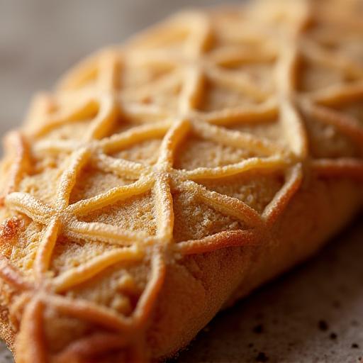 A close-up of a pastry showing intricate, repeating patterns.