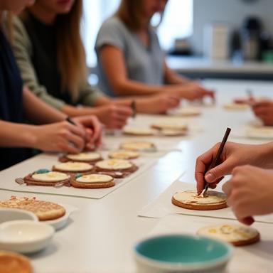 People participating in a baking workshop, decorating cookies.