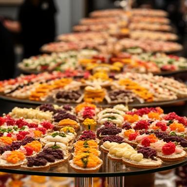 A dessert table filled with various geometrically designed pastries.